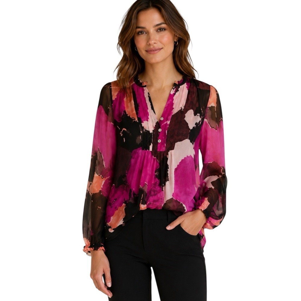Diane von Furstenberg Annalise Silk Blouse Pink Black Abstract Sheer Sz 8